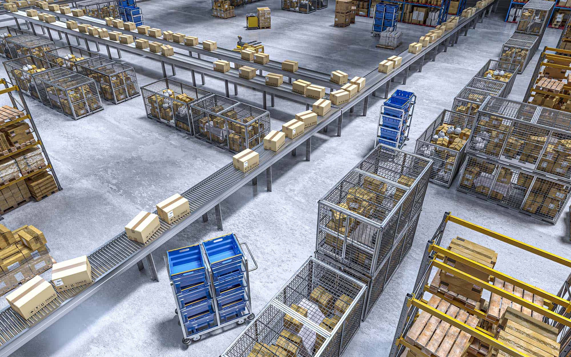 Cardboard boxes are moving on a conveyor belt inside a distribution warehouse, symbolizing logistics and e commerce
