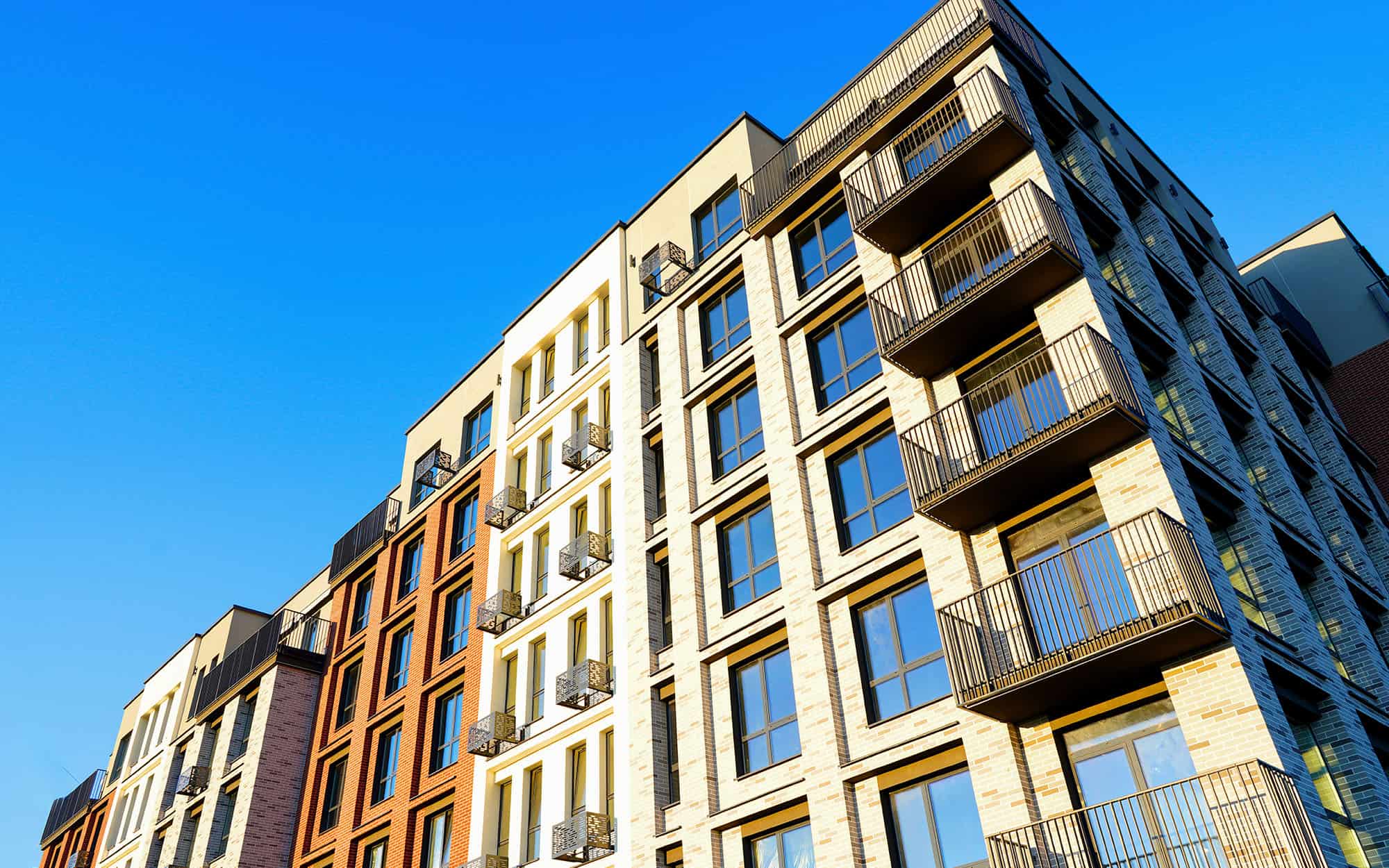 Modern facade building. Colorful high rise urban Modern house